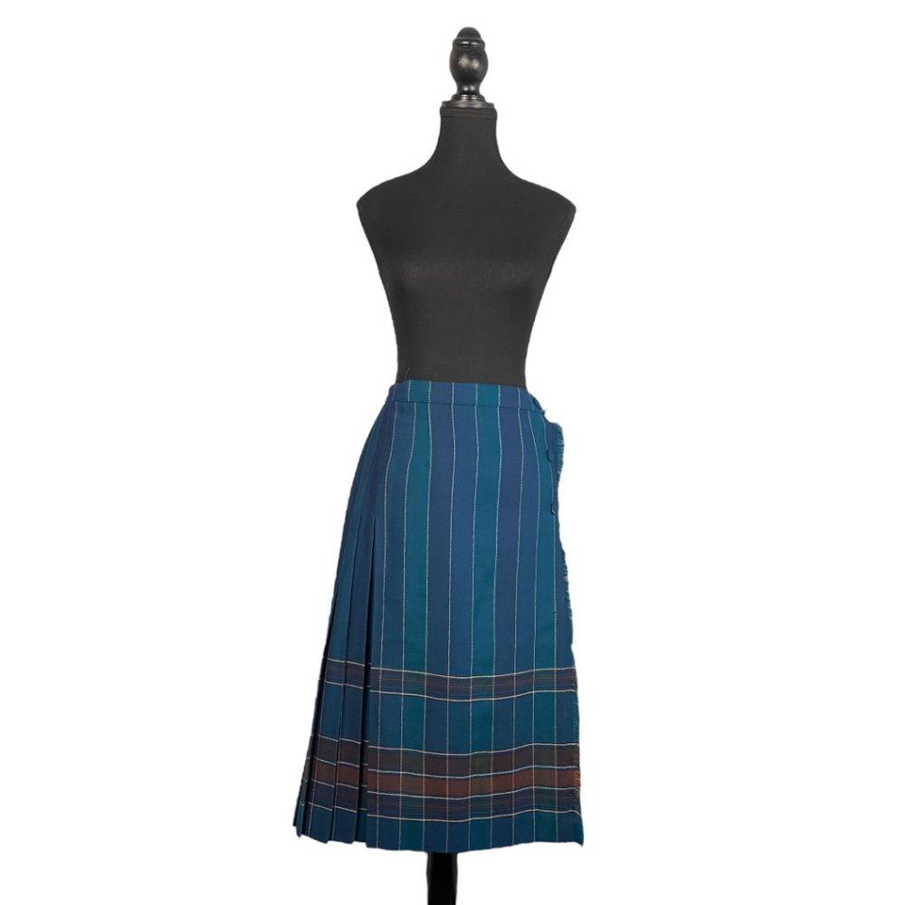 Vintage Blue Teal Striped Pleated A-Line Skirt - Picture 8 of 10